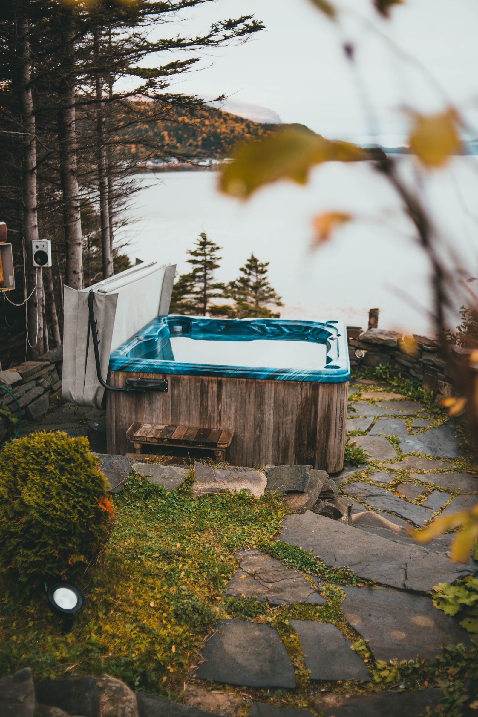 Outdoor hot tub in autumn