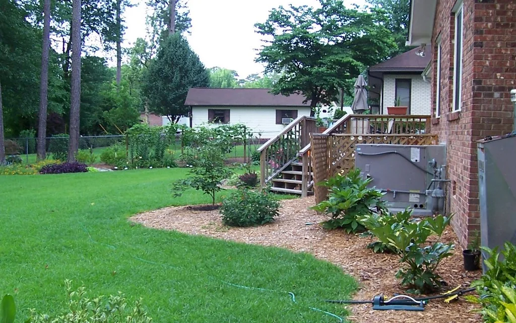 Renewed backyard with mulched beds, new shrubs, and a repaired lawn