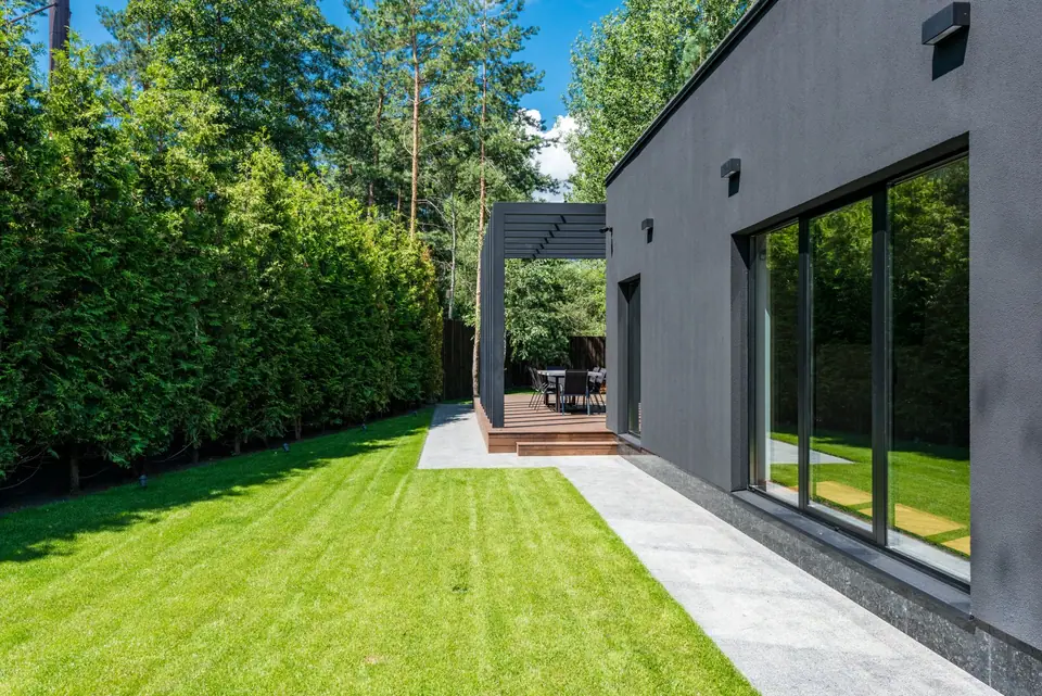 Narrow backyard lawn edged by a tall hedge beside a dark modern house