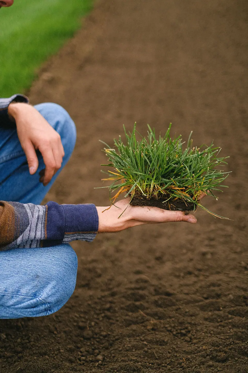 Hand holding a small piece of sod above raked, graded soil