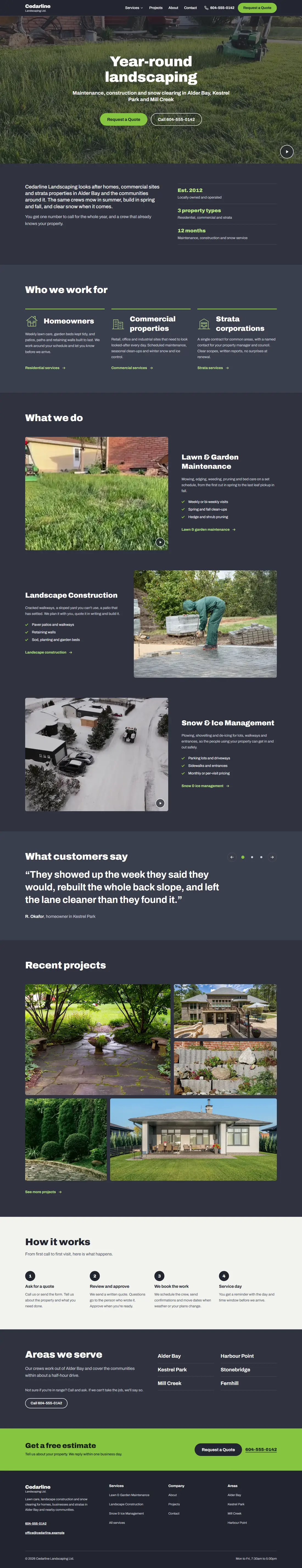 A full-service landscaping homepage as it looks on a desktop screen.