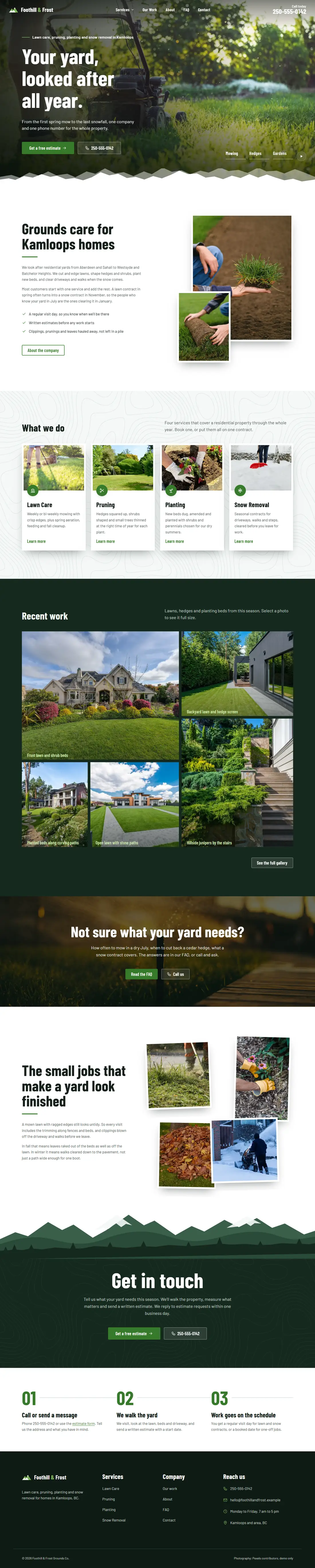 A lawn care and snow removal homepage as it looks on a desktop screen.
